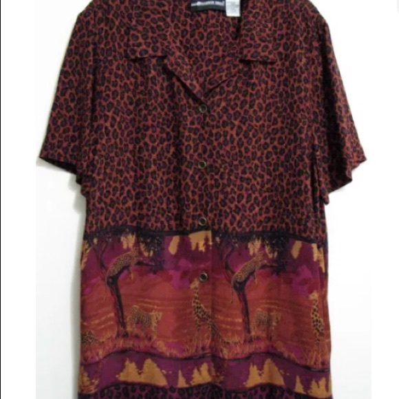 Sag Harbor Sz 14 Safari Leopard Giraffe Rayon Button Short Sleeve Shirt - Picture 2 of 6